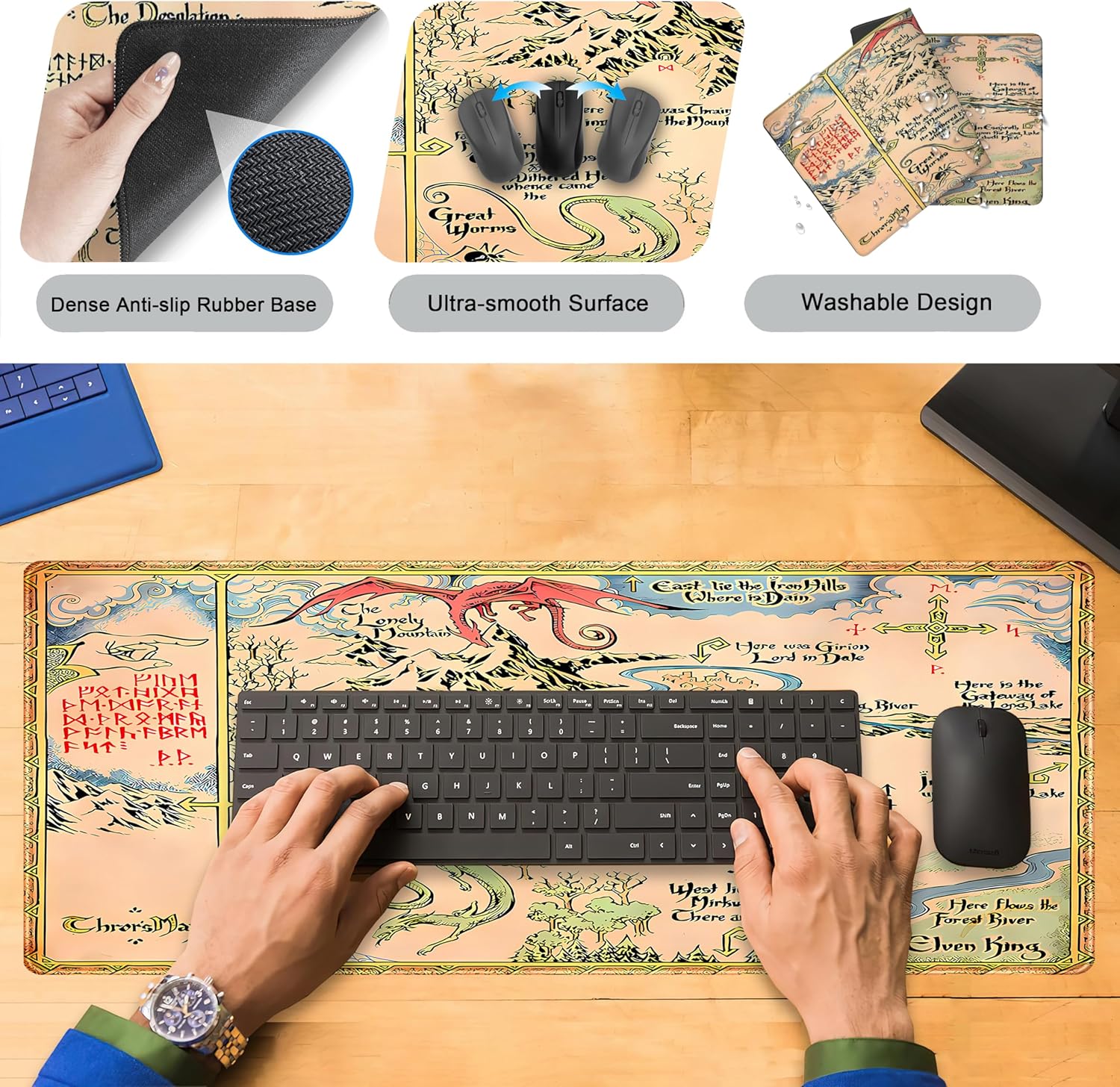 Vintage Desk Pad Gaming Desk Mat XL Mouse Pad, Computer Keyboard Mat Extra Large Mouse Mat, Personalized Desktop MatAged Yellow Desk Protector Mat, Special Symbol Desk Decoration 31.5" x 11.8"