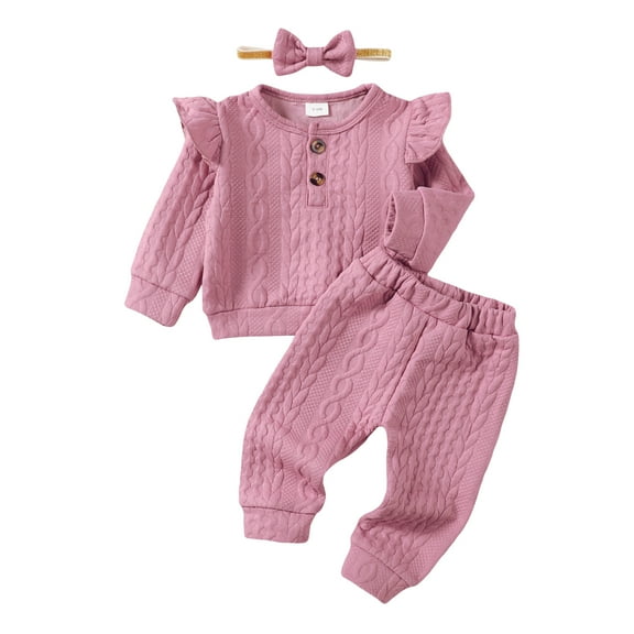 6 Months Baby Girls Clothes 12 Months Girls 3PCS Outfits Set Solid Color Infant Girls Long Sleeve Top Pants Set with Headband Pink
