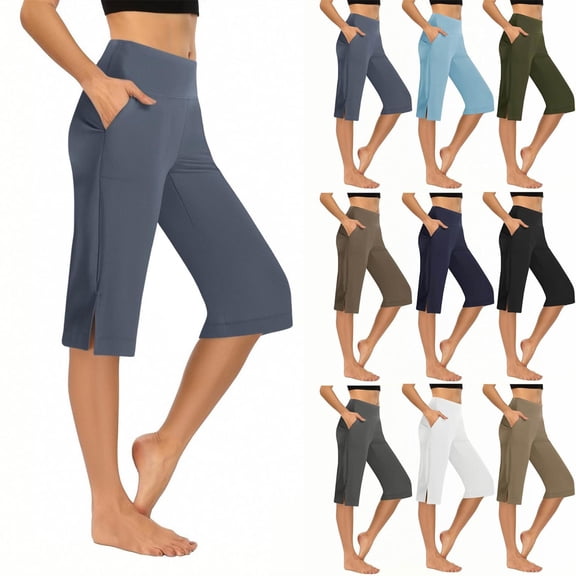 Oksale Capri Yoga Pants with Pockets for Women Stretch High Waisted Workout Capris Business Dressy Cozy Side Split Trousers Blue M