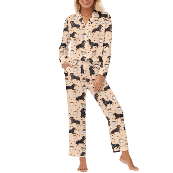 BOOMNY Womens Pajama Sets 2 Peice Pjs Set for Women Dachshund Graphic Long Sleeve Buttons Sleepwear Tops Pants Homewear Loungewear Sets