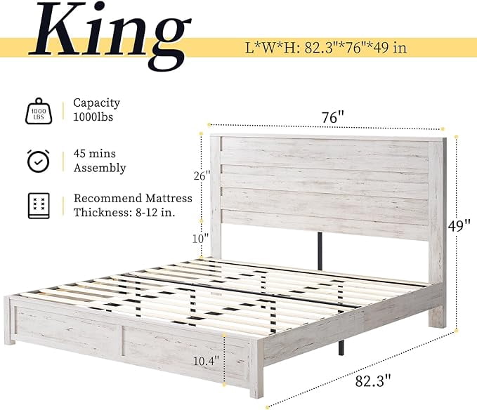 VanAcc King Size Bed Frame with 49" Tall & Full-Panel Headboard, Farmhouse Platform Bed with Wood Slats & Metal Bed Frame, Noise Free