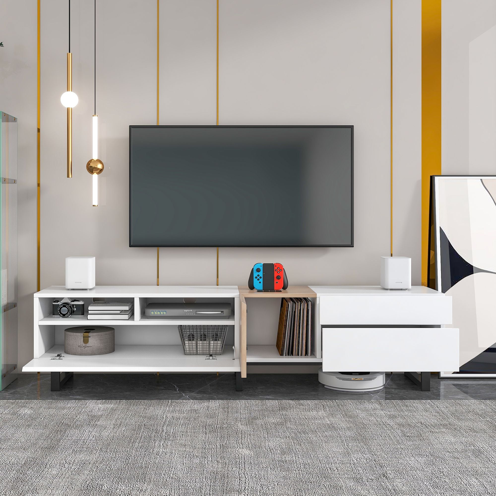 DEALTOPS Modern Minimalist TV Stand with Open Storage Shelves and Large Storage Space for TVs up to 80'' -White