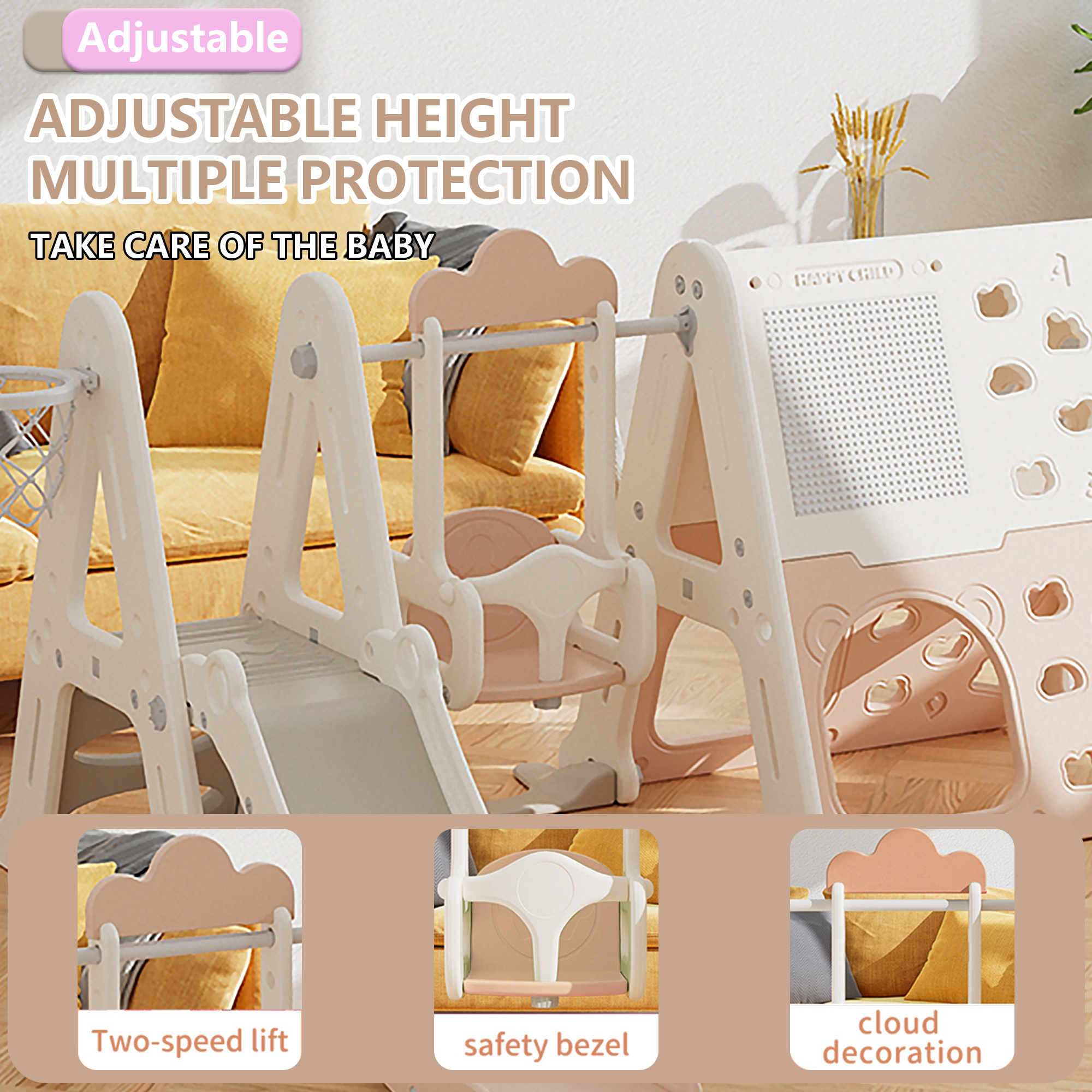 Toddler Slide, 8 in 1 Kids Indoor Slide for Toddlers 1-3, Kids Playground for Indoor Outdoor with Basketball Hoop Climbing playground and Swing , Indoor Outdoor Slide Playset,Pnk