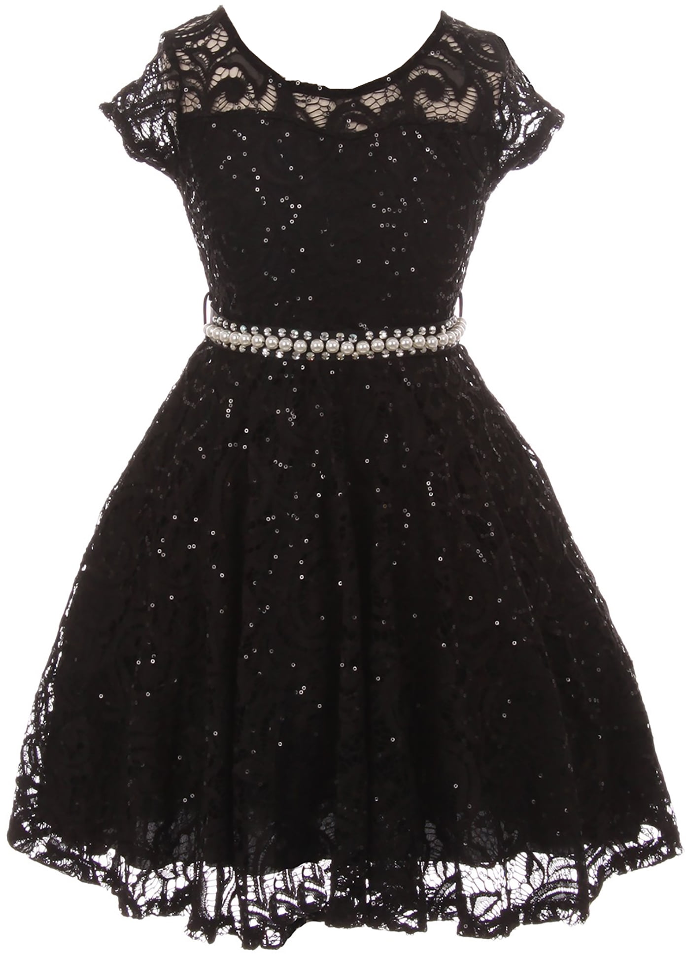 Little Girl Cap Sleeve Floral Lace Glitter Pearl Holiday Party Flower Girl  Dress Black 4 JKS 2102 BNY Corner