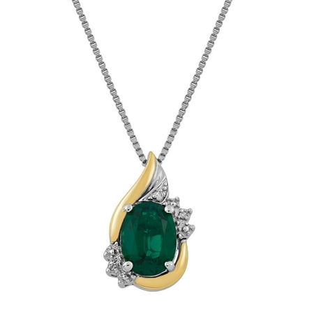 Brilliance Fine Jewelry Created Emerald and Diamond Accent Pendant in Sterling Silver and 10kt Yellow Gold, 18