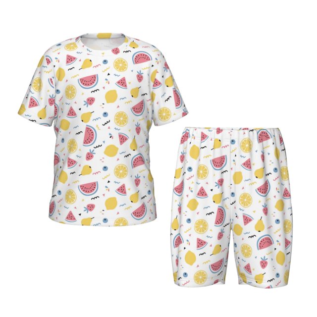 Lsque Watermelon And Lemon Pattern Girls' Sleeve Top and Shorts Snug Fit Cotton 2 Piece Lightweight Pajama Sets-Large