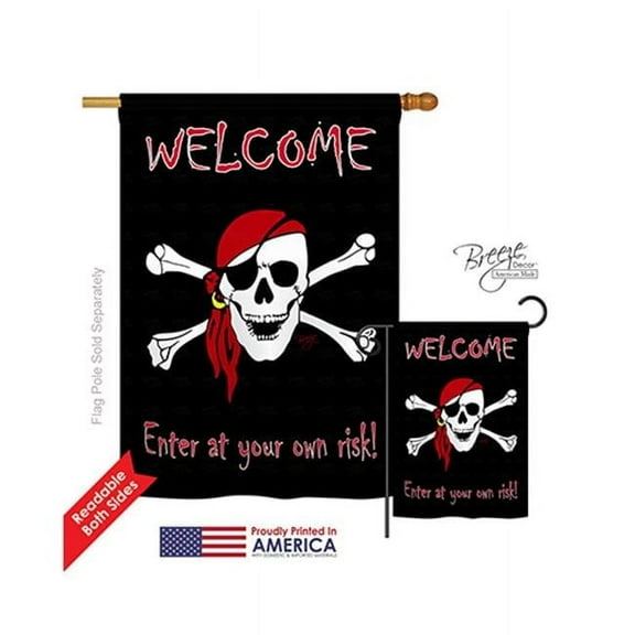 Breeze Decor 07045 Pirate Enter at your own risk 2-Sided Vertical Impression House Flag - 28 x 40 in.