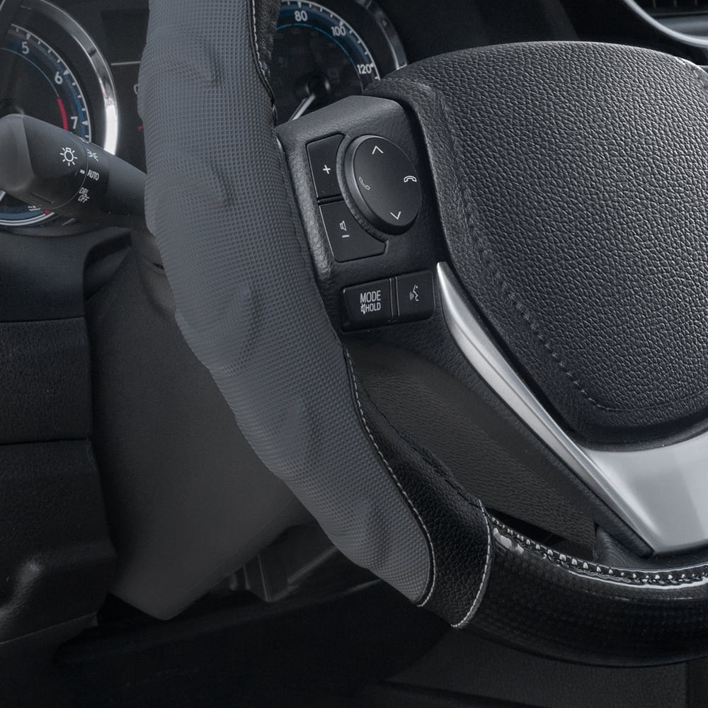 Motor Trend GripPlus Black Carbon Fiber Steering Wheel Cover, Standard 15 inch Size, Advanced Traction Grip, Car Steering Wheel Cover for Truck Van SUV Auto