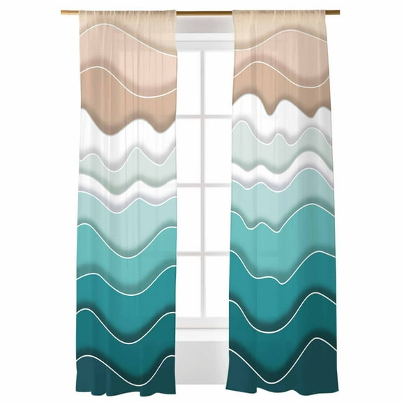Sheer Curtains 96 inches Long, Abstract Turquoise Brown Gradient Waves Beach Lines Light Filtering Sheer Window Curtains Rod Pocket Voile Drapes for Bedroom Living Room, 52"W x 96"L 2 Panels