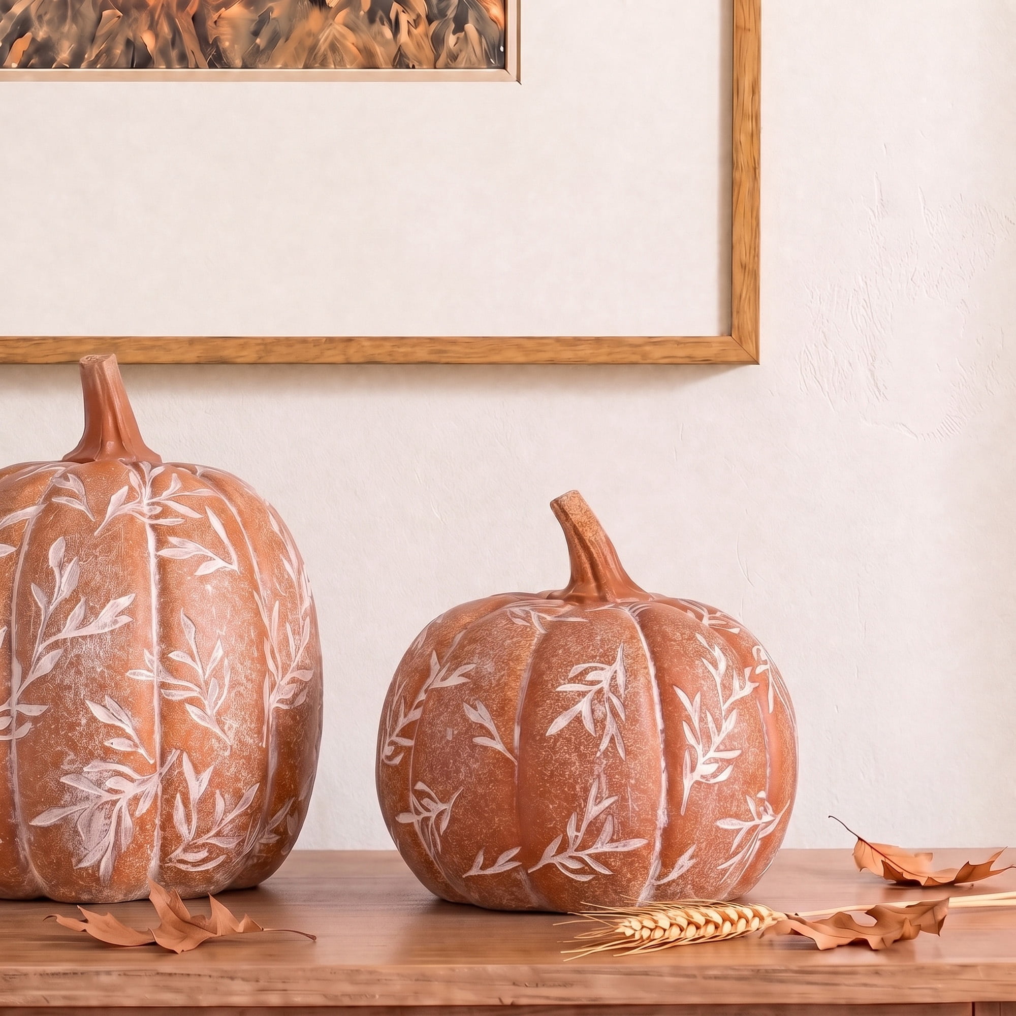 Small Etched Leaf Resin Pumpkin Decoration, Orange and White, 7", Fall by Way To Celebrate