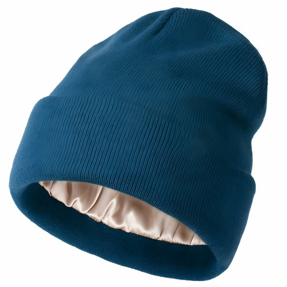 LAMIRO Women's Knit Beanie Hat Acrylic Winter Hats for Women Men Silk Lining Soft Slouchy Warm Cuffed Beanie Hat Blue
