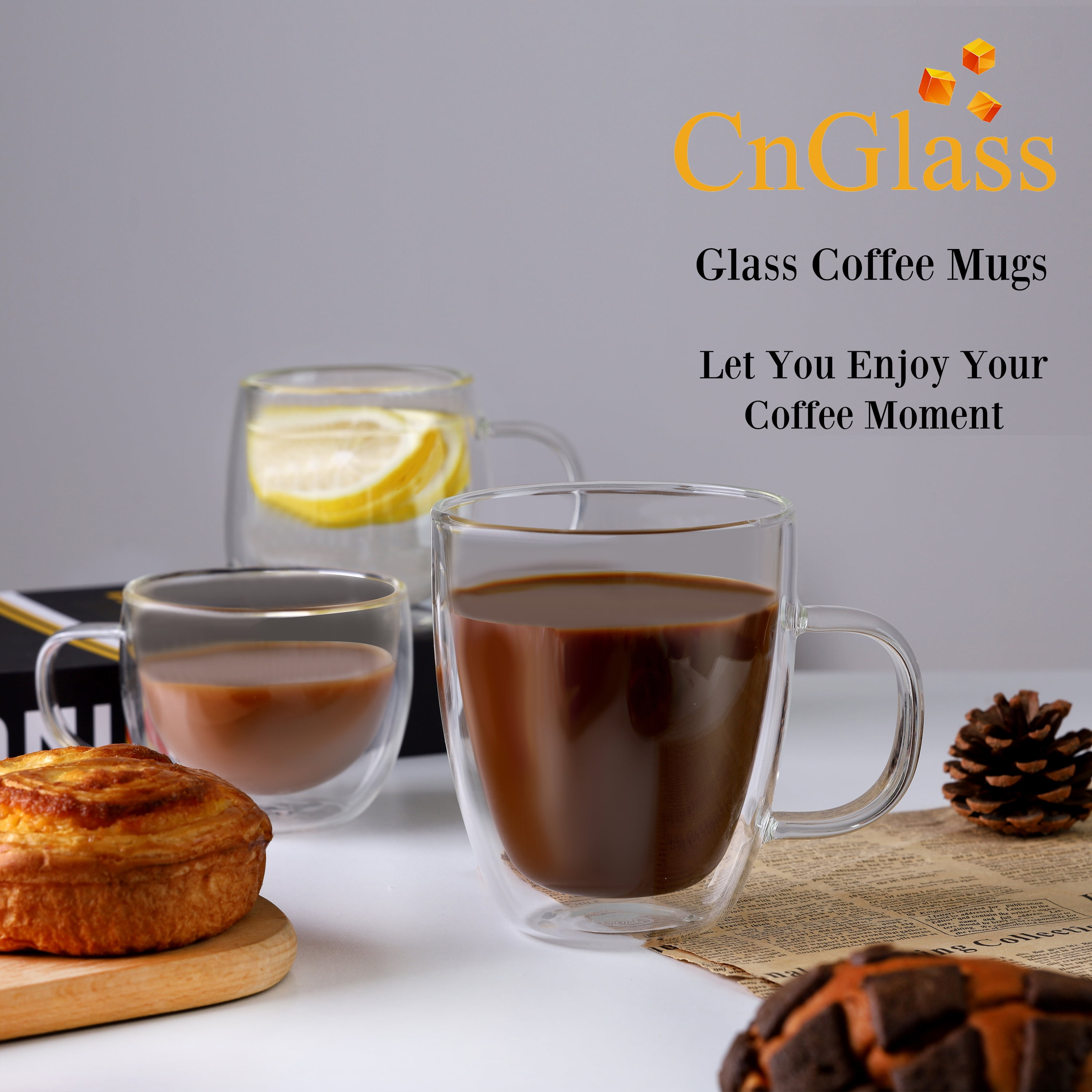 CNGLASS Double Walled Glass Coffee Mugs 10oz(290ml),Large Insulated Espresso Cups,Set of 4 Clear Cappuccino Mug with Handle, Size: Small, Silver