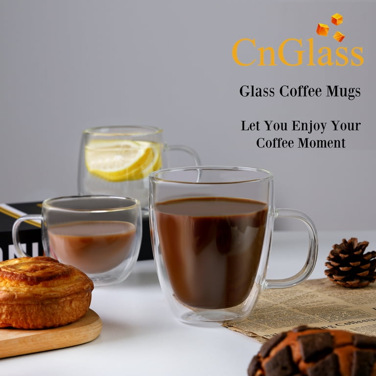 CnGlass Double Walled Glass Coffee Mugs 10oz(290ml),Large Insulated Espresso  Cups,Set of 4 Clear Cappuccino Mug with Handle 