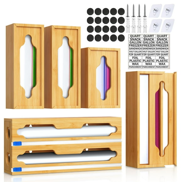 YITOBA 6 In 1 Bag Storage Organizer with Foil and Plastic Wrap Organizer, Extended Aluminum Foil Dispenser, Bamboo Baggie Organizer for Drawer, Sandwich Bag Organizer for Gall