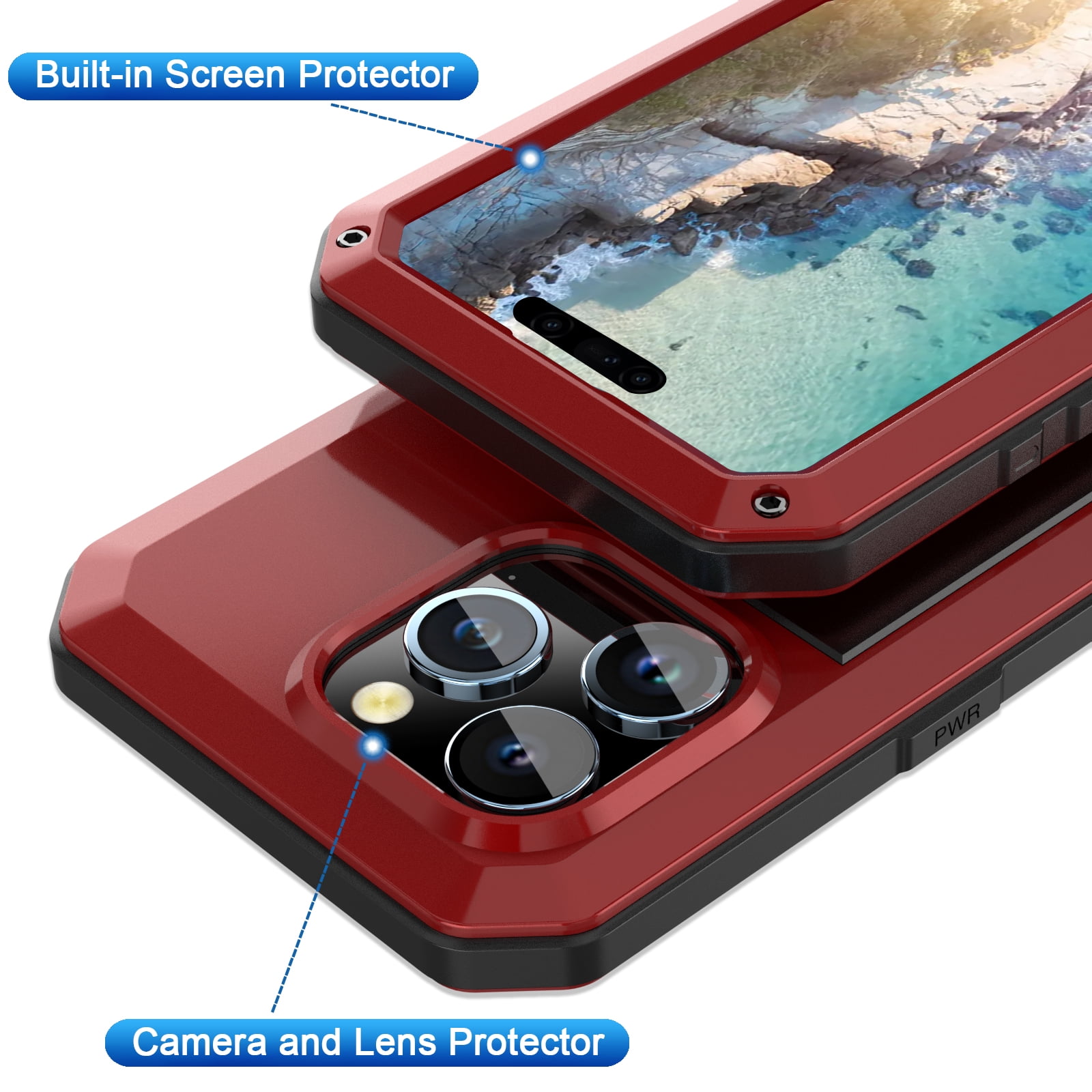 for iPhone 16 Plus Case, 360 Full Body Protective Cover Heavy Duty Shockproof Armor Aluminum Alloy Metal Case with Silicone Built-in Screen Protector for iPhone 16 Plus, Red