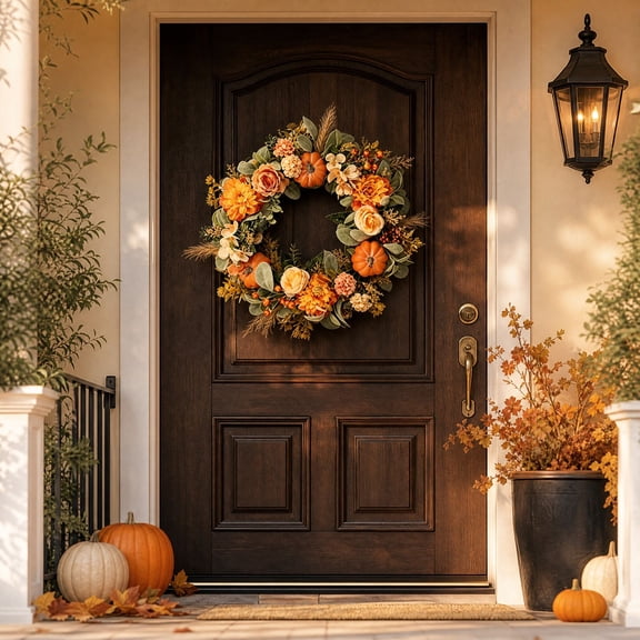 Fall Decorations for Home, 18inch Artificial Pumpkin fall Wreaths for Front Door Outside, Natural Rattan‑based Autumn Floral Wreath for Entryway, Farmhouse‑style Holiday Wall Decor