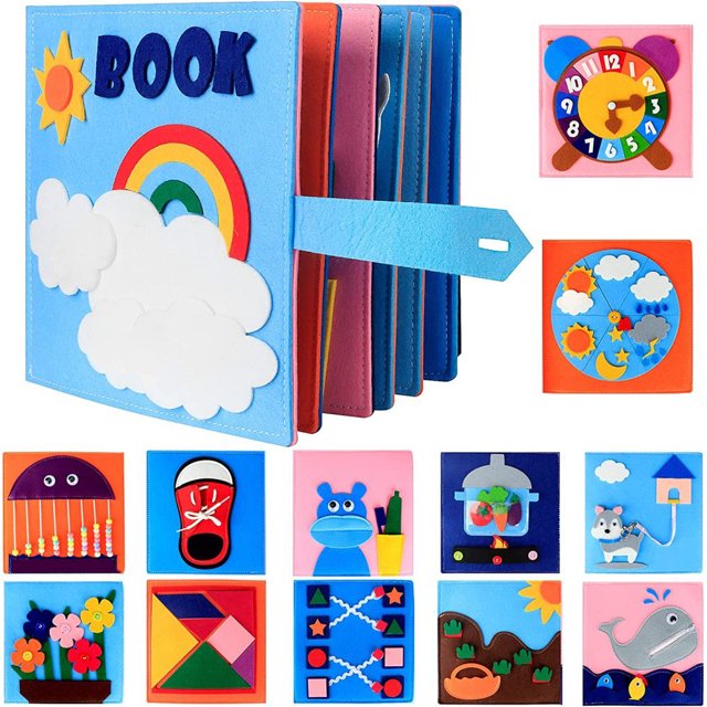 Libro tranquilo, libro ocupado Montessori Libro ocupado para niños pequeños, juguetes educativos Tablero de actividades sensoriales Libros para bebés con 12 temas Aprendizaje de habilidades para la