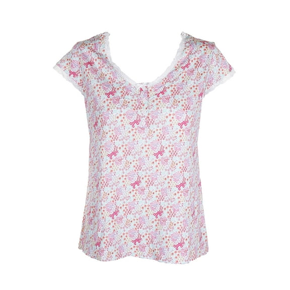Miss Elaine Pink Multi Cap-Sleeve Floral-Print Knit Pajama Top M