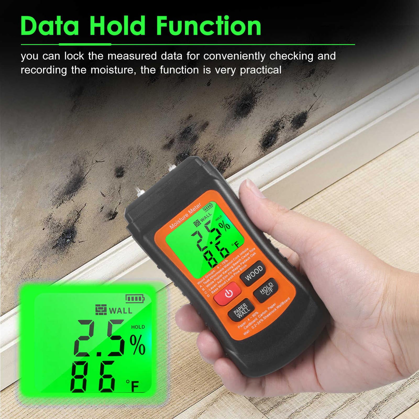 JIAHAOO Digital Moisture Detector For Wood Paper Wall ABS 3 Measurement Modes Temperature C F Switch High Accuracy