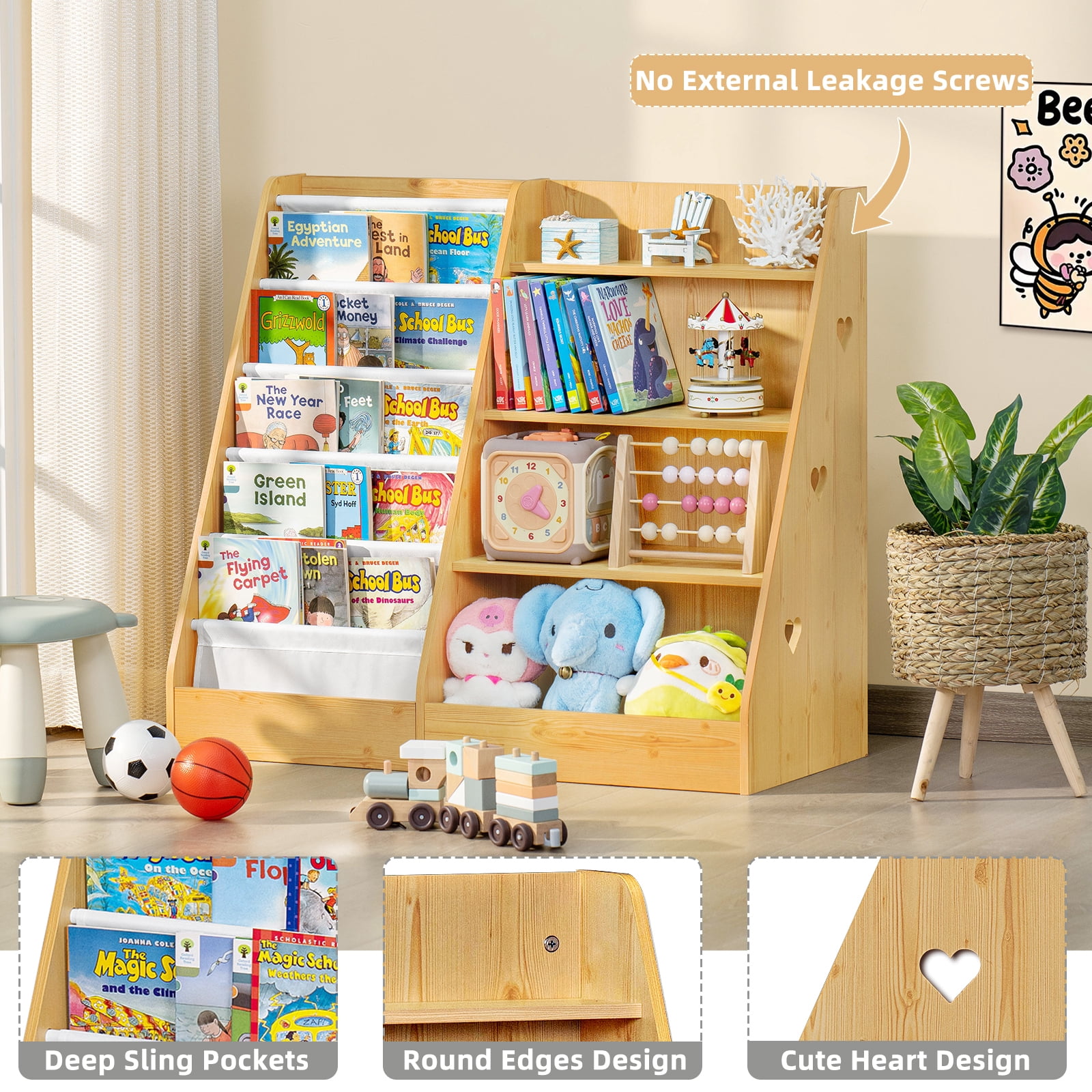 LELELINKY 35.5"Wide Large Kids Bookcase, 4-Tiers Kids Book Organizer Bookshelf with 5 Layer Sling, Wooden Bookshelf for Kids Room