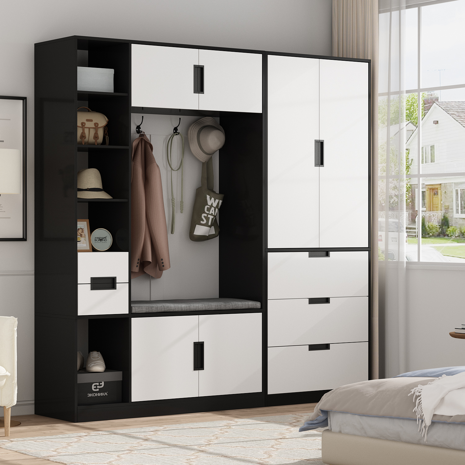 Hitow Wardrobe Armoire and Hall Tree, Bedroom Closet Storage Set, White