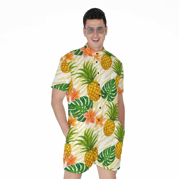 Beige Zebra Pineapple Pattern Short Sleeve Men'S Rompers Casual Summer Jumpsuits Outfit