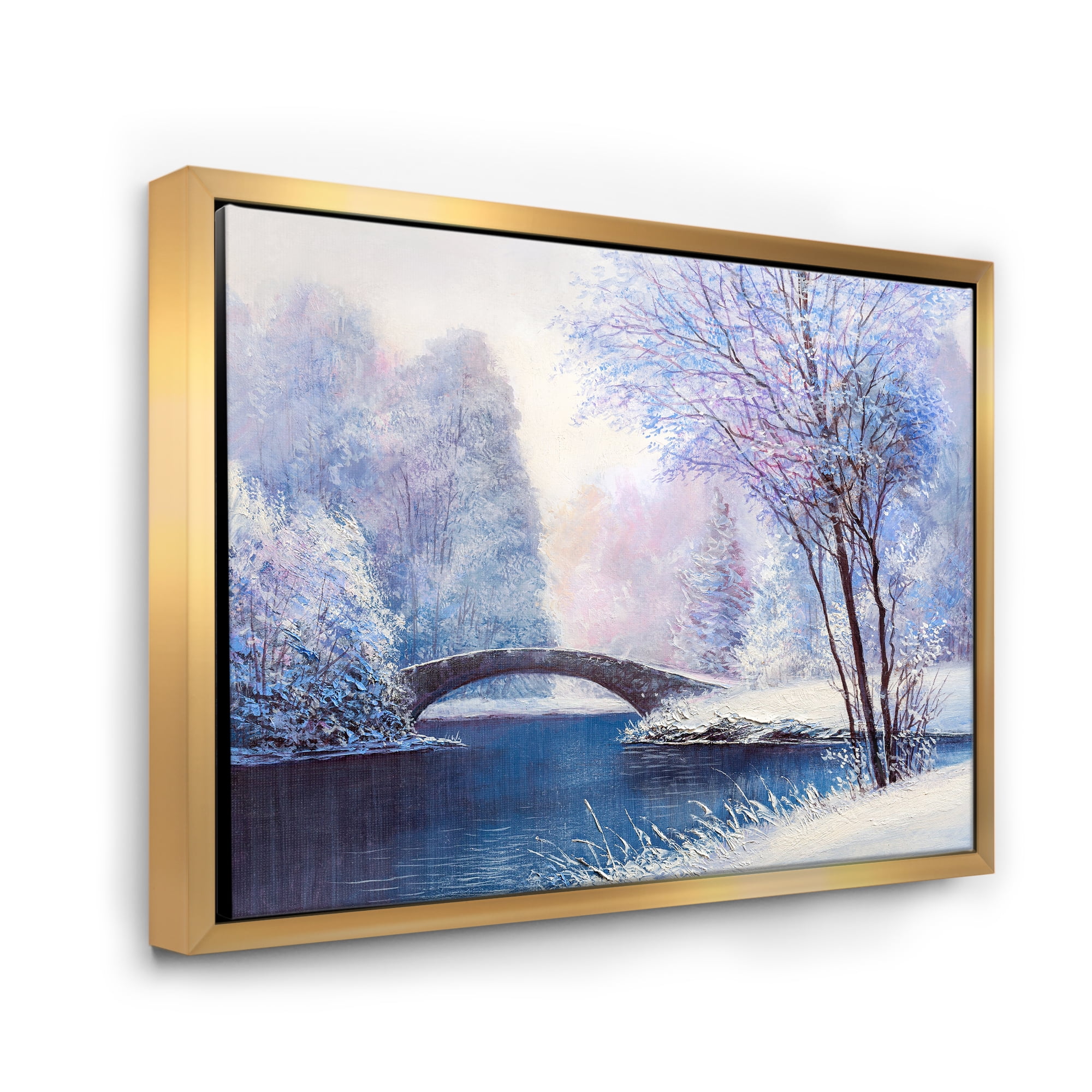 Designart 'Bridge Of Meandering River With Winter Scenery III' Lake House Framed Canvas Wall Art Print
