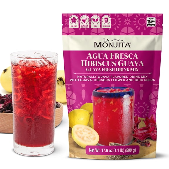 La Monjita Agua Fresca Hibiscus Guava - Mexican Agua de Jamaica Naturally Flavored Drink Mix with Hibiscus, Guava, and Chia Seeds - 50 Servings (500g / 17.6oz)