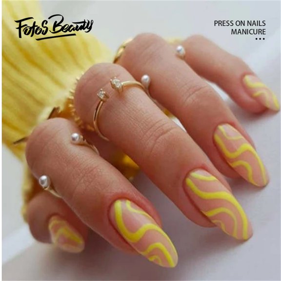 Fofosbeauty 24pcs Full cover Fake Nails, Press on False Nails,Pop Art Yellow Ruched