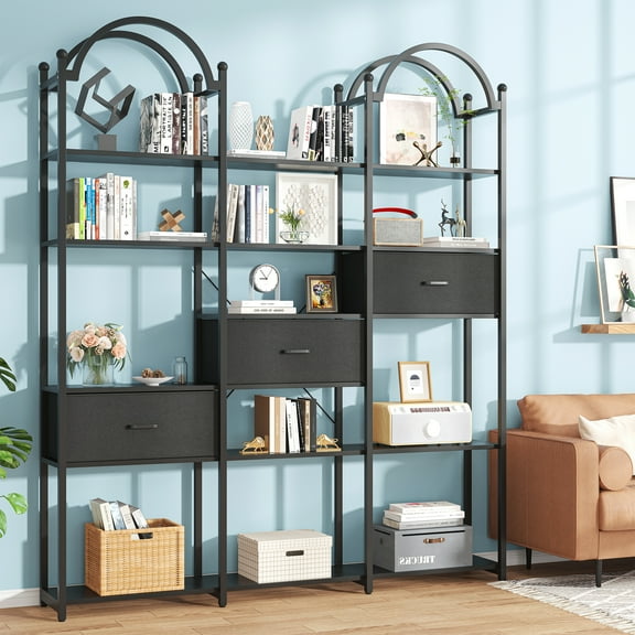 Casendy Large Arched Bookcase with 3 Storage Drawers, 83" Tall 5 Tier Metal Frame Bookshelf, Display Storage Shelf Book Shelf for Living Room, Black