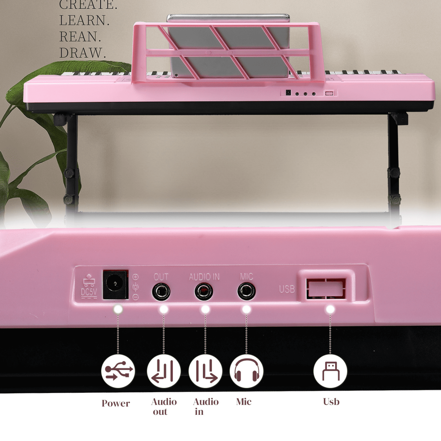 Hassch 61 Key Electric Keyboard Piano, Portable Beginner Keyboard with Stand, Bench, Headphone, Microphone, Built In Speakers, Music Rest, LED Screen, 3 Teaching Modes, Pink