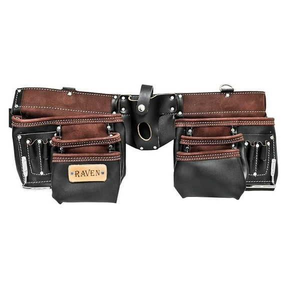 Heavy Duty 13 Pocket Leather Tool Belt with 2 Steel Hammer Loops, Black Brown