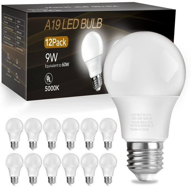 DAYBETTER Bombillas LED A19, 60W Eq., 5000K, 9W, 800lm, E26, UL, para Recámara, Sala, Hogar y Oficina, Pack 12