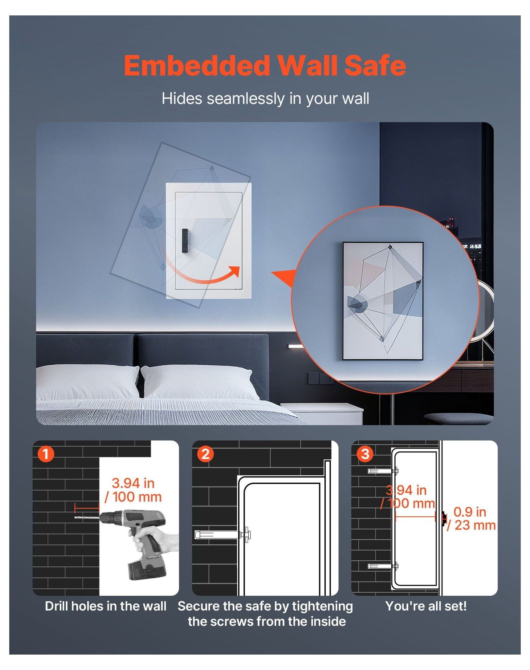 Wall Safe 0.83 sq ft Hidden Safe with Password & Key, In-Wall Box for Money Jewelry Passport
