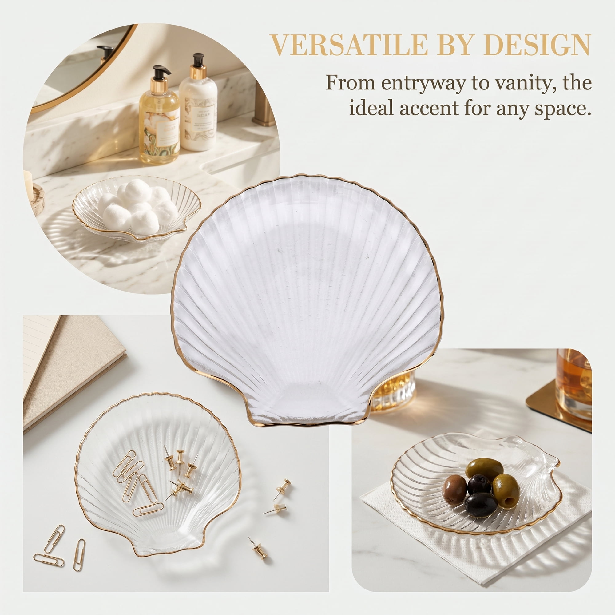 Unique Bargains Shell-Shaped Trinket Dish for Small Items Clear Gold 5.5"L x 5.3"W x 0.8"H