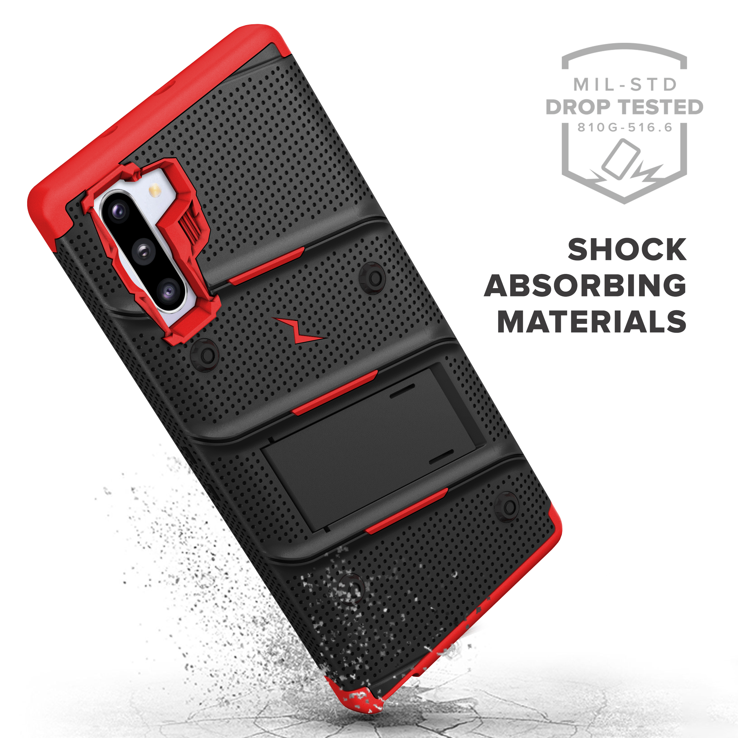 ZIZO BOLT Series for Samsung Galaxy Note 10 Case | Heavy-duty Military-grade Drop Protection w/ Kickstand Included Belt Clip Holster Lanyard (Black/Red)