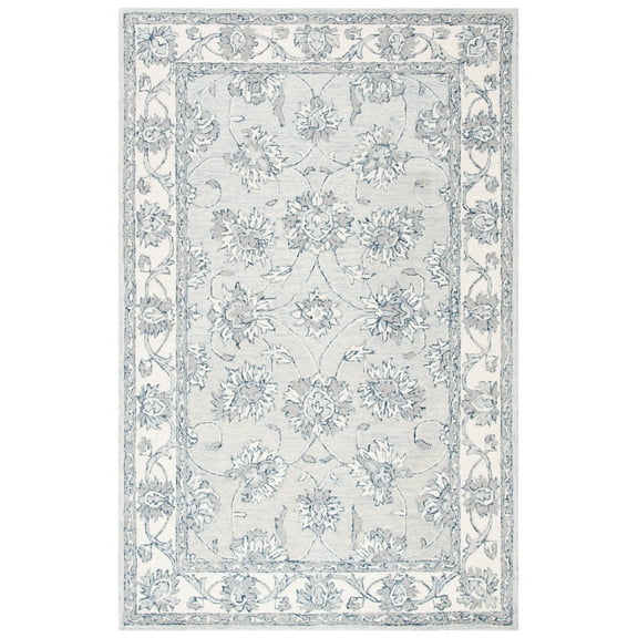 SAFAVIEH Micro-Loop Larry Floral Bordered Wool Area Rug, Light Blue/Ivory, 5' x 8'