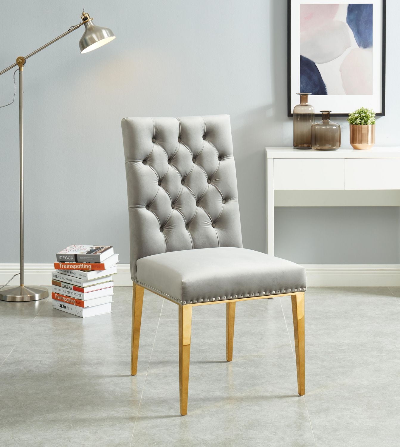 K-Living Regan Tufted Velvet Chair in Grey with Stainless Steel Gold Legs (Set of 2)