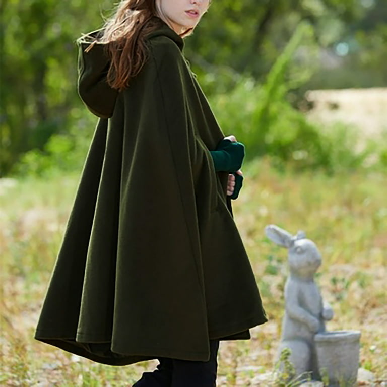 Women's Cloak Hood Wool-Blend Cape Coat Winter Cardigans Plus Size Thick Coat Jackets -