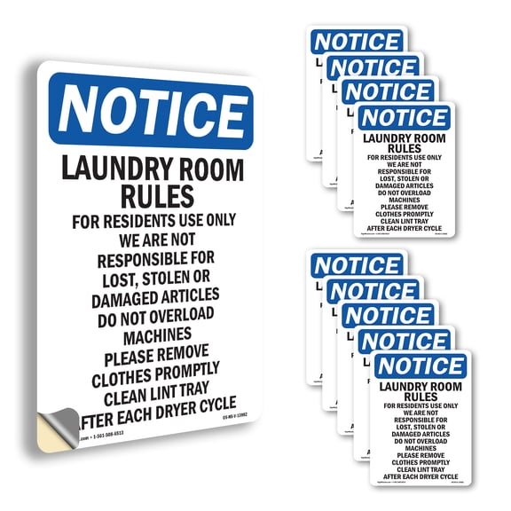Laundry Room Rules For Residents OSHA Notice Vinyl Decal Label 24 Inch x 18 Inch - 10 Pack