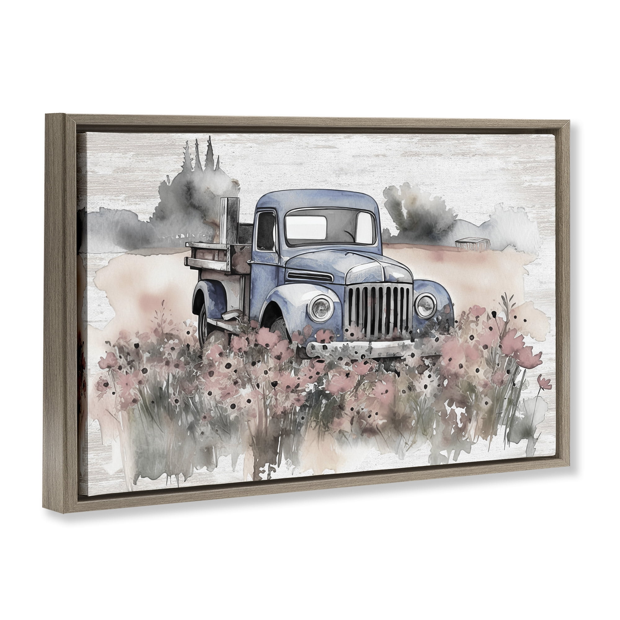 Stupell Industries Pickup in Floral Meadow Transportation Painting Brown Floater Framed Canvas Art Print Wall Art, 31 x 21