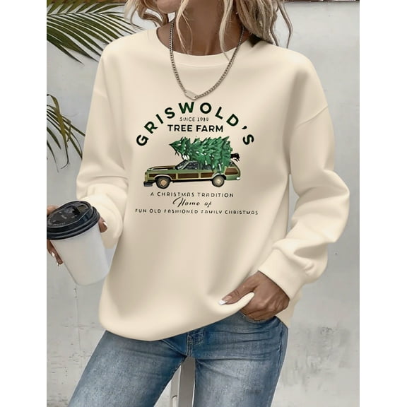 Merry Christmas Sweatshirt Christmas Tree and Truck Graphic Casual Long Sleeve Shirt for Women