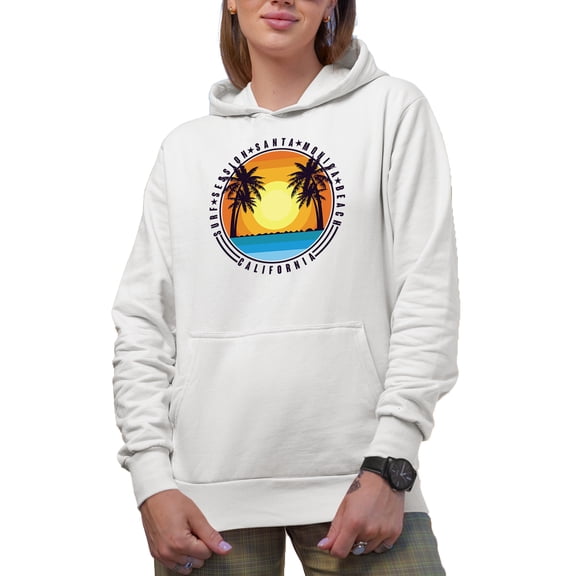 Surf Session Santa Monica Beach California with Palm Trees, White Hooded Sweatshirt or Hoodie, Small