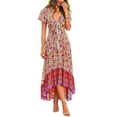 thumbnail image 1 of Biekopu Women's Summer Long Boho Dress,Short Sleeve V Neck Irregular Hem Tie Up Floral Dress, 1 of 7
