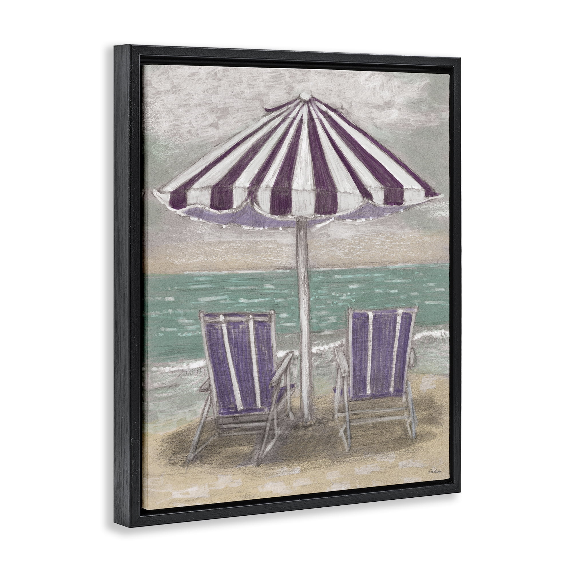 Stupell Industries Umbrella & Chairs on Beach Black Framed Floater Canvas Wall Art, design by Patti Bishop