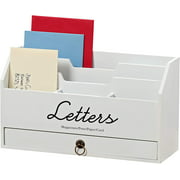 Mail and Letters Desk Top Organizer, Envelope Holder, Compartment Drawer, Rustic White Wood, 11 3/4 L x 4 1/4 W x 7 H
