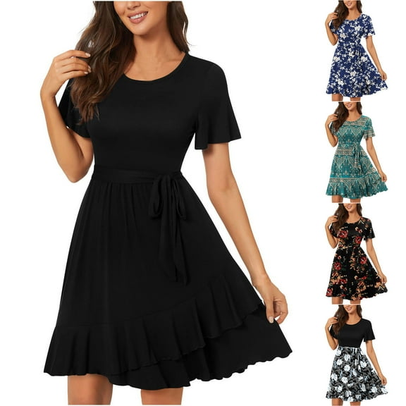 Elainilye Fashion Women's Casual Dresses Summer Floral Print Short Sleeve Dress Strapped Beach Dresses,Black
