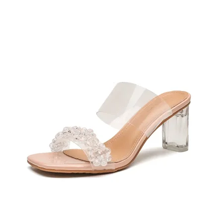 

Women‘s Open Toe High Heels Crystal Decor Chunky Heel Slippers Women‘s Indoor And Outdoor Slides