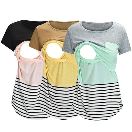 

Womens Maternity Tee Shirts Short Sleeve Crew Neck Striped Printed For Breastfeeding 3 Pack Pregnancy Shirt Clothes For Womens