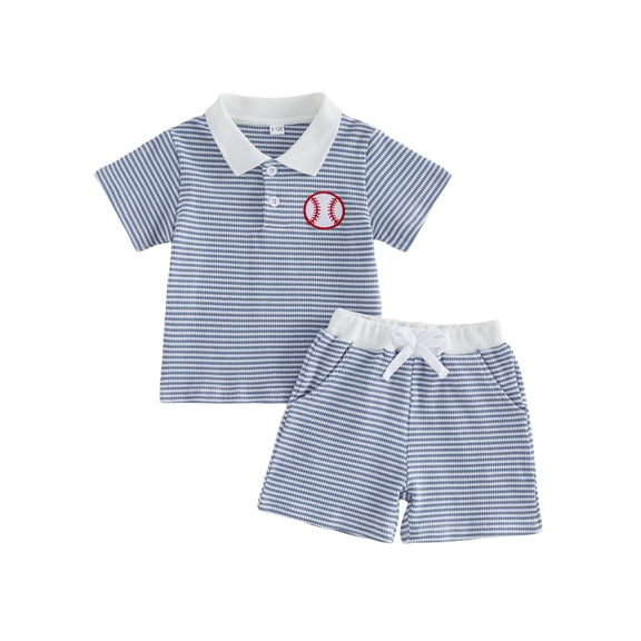 BemeyourBBs Toddler Baby Boys Summer Clothes Baseball Outfits Baseball Embroidery Striped Short Sleeve Turn Down Collar Shirt Tops and Pockets Shorts Set Infant Baby Girl Summer Outfits